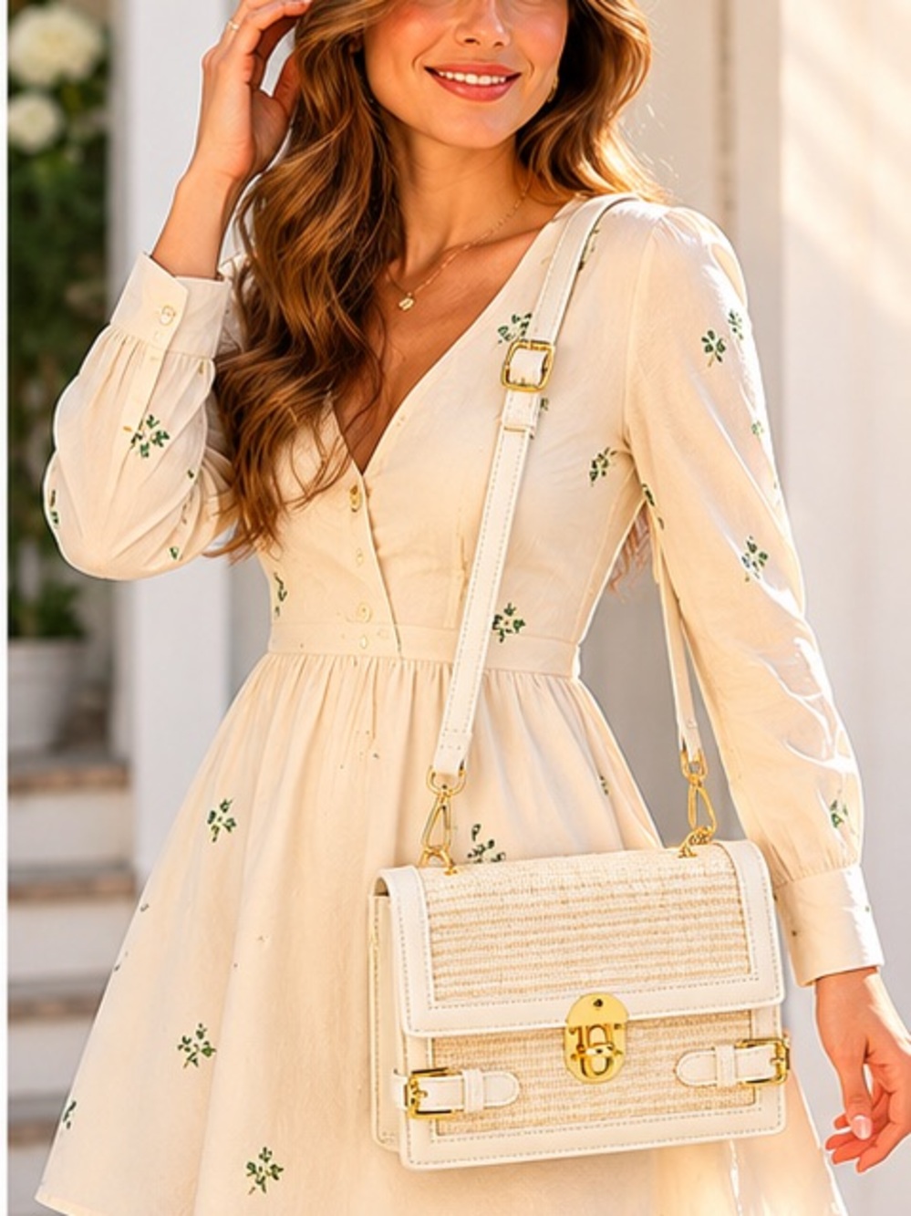 Cream Woven Top Handle Mini Bag Gold Lock Raffia Style Satchel Crossbody Purse